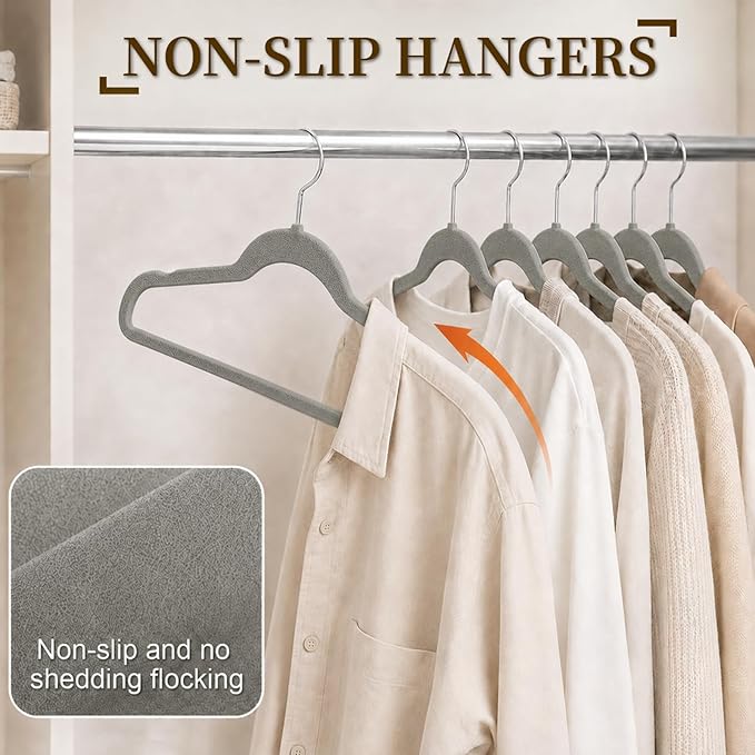 Velvet Hangers 50 Pack, Non Slip Clothes Hangers with Shoulder Notches, Slim Felt Hanger with 360° Swivel Hook, Space-Saving, for Coat, Shirt, Pants, Dress, Suits, Gray