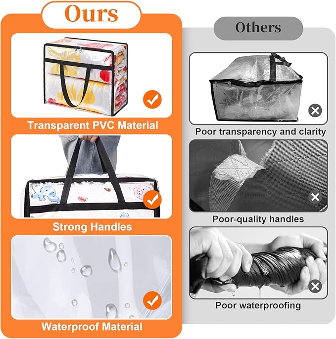 SpaceTrove Clear Clothes Storage Bags, 4 Pack Closet Organizers and Under Bed Storage Containers, Foldable Moving Bags with Zippers for Comforter, Blanket, Bedding, Duvet, PVC Packing Bags 90L
