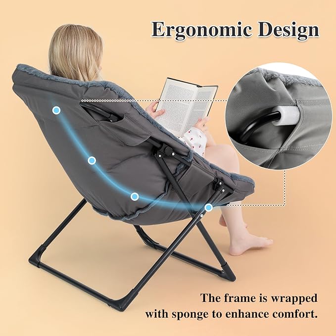 Comfy Saucer Chair for Adults, Soft Faux Fur Bedroom Chair, Accent Dorm Chairs, Flexible Living Room Reading Chairs, Oversized Folding Seat for Teens, X-Large, Navy Blue