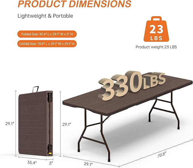 VSOAEIL Folding Table 6 Foot for Indoor Outdoor, Portable Heavy Duty Fold-in-Half Utility Plastic Foldable Dining Table with Carrying Handle for Picnic, Camping and Party, Brown