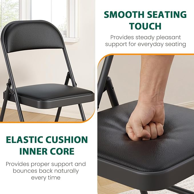 6 Pack Padded Folding Chairs, Portable Metal Foldable Chairs with Cushion, PU Leather Sturdy Indoor Outdoor Seating for Home, Office, Party, Black