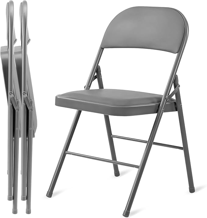 Simple Deluxe Foldable Chairs Set of 2, Padded Cushion Seat & Sturdy Metal Frame, Portable Collapsible Chairs for Home, Office, Parties & Outdoor Activities, Grey