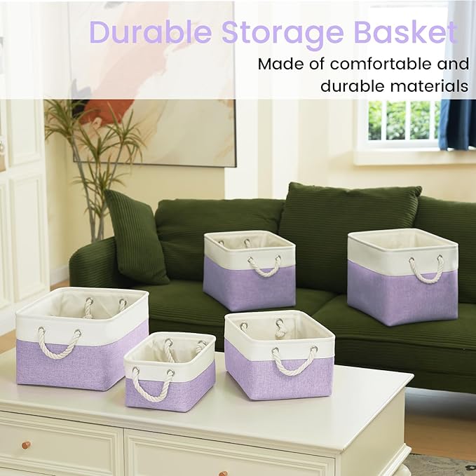 Large Storage Baskets- 16x12x12 inch Storage Bins for Shelves and Closet Organizing, Foldable Fabric Bin for Home Organization Clothes and Laundry (3-Pack, White&Purple)