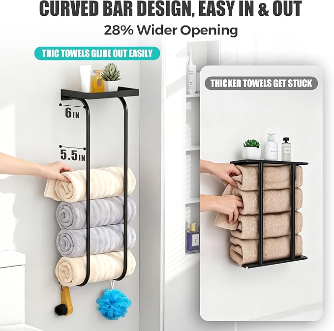 31" Towel Racks for Bathroom, Heavy-Duty Stainless Steel Holds 6 Large Rolled Towels,Wall Mounted Towel Holder with Shelf & Hooks,Extra-Wide Opening Wall Storage for Small Bathroom, Matte Black