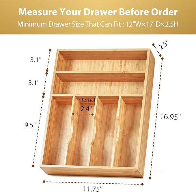 Umilife Kitchen Drawer Organizer, 12 Inch Silverware Utensil Tray Holder, Extra Deep, with Non-Slip Feet & Grooved Drawer Divider, 6 Slots Total Bamboo Wood Caddy for Flatware Cutlery Knives