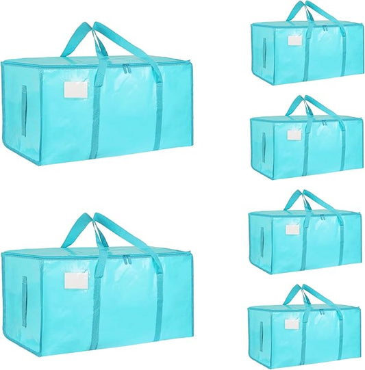 6 Pack-Extra Large Heavy Duty Moving Bags - Waterproof Storage Totes with Handles & Zippers, Foldable for College Dorm, Storage (lake blue)
