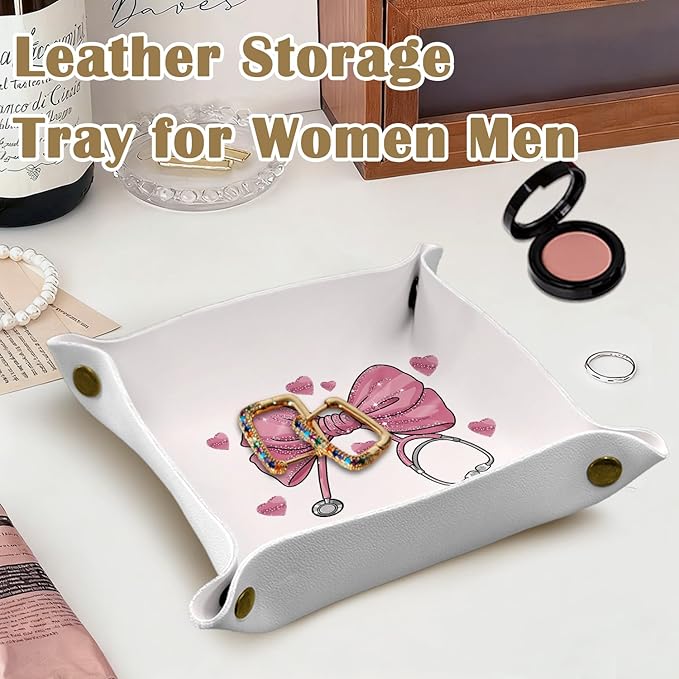 Nurse Gifts for Women,Nurse Graduation Gifts,Pink Bow Nursing Gift for Student or Practitioner PU Leather Catchall Tray,Jewelry, Keys, Watch, and Accessories Organizer 7.87x7.87in