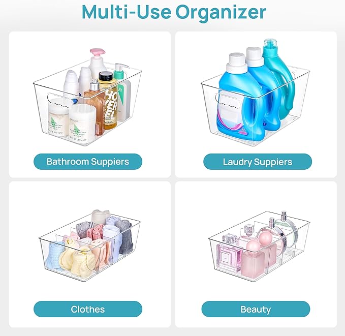 Vtopmart 4+4 Pack Clear Plastic Storage Bins Set, 4 Large Pantry Organizer Bins with Handle and 4 Medium 4-Compartment Food Storage Bins for Pantry, Kitchen, Fridge, Cabinet Organization