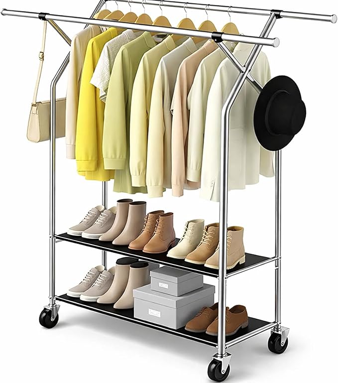 HAPPY CHEERS Heavy Duty Clothes Rack,Double Rods Clothing Rack for Hanging Clothes,Rolling Clothing Racks with Wheels,Metal Garment Rack for Bedroom Laundry Living Room,Silver