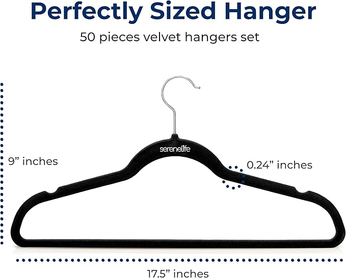 SereneLife Premium Non-Slip Velvet Hangers-Space Saving Heavy Duty Slim Suit Clothes Hanger Set with 360 Degree Swivel Metal Hook,Can Hold Up to 10 Lbs.for Coats, Jackets,Pants & Dress (50-Pack),Black