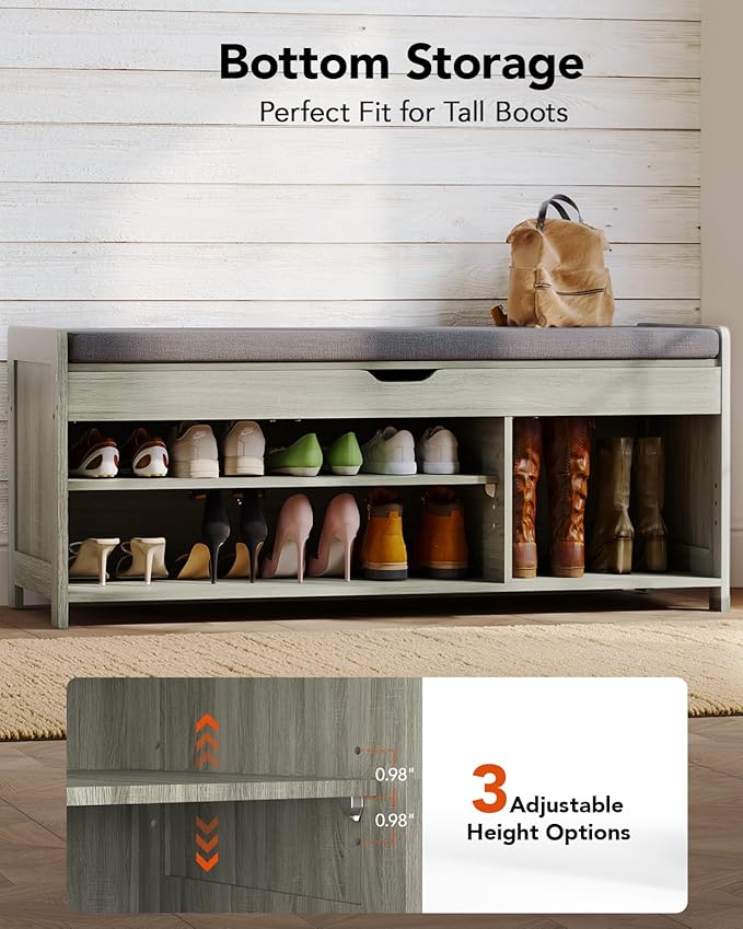 Pipishell 2-Tier Shoe Storage Bench with Cushioned Seat, Entryway Bench with Adjustable Shelf & Barn Doors, 300 lbs Capacity, 39.4" W x 16" D x 18" H, for Entryway, Bedroom, Living Room, Gray