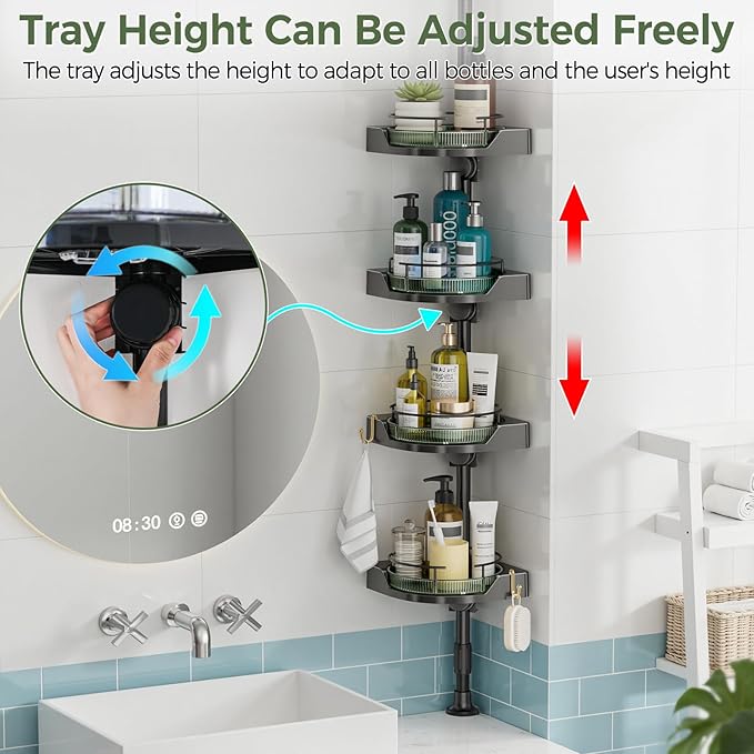akinbas Shower Caddy Tension Pole with 4 L-Lazy Susan Organizer 360 Rotating 35-128 Inch No Drilling Floor Standing Shelves Adjustable Shower Rack for Bathroom Corner (Black+Green)