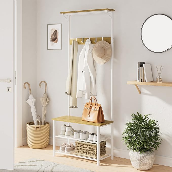 Hall Tree with Bench and Shoe Storage, 3-in-1 Coat Rack Shoe Bench, Freestanding Wooden Coat Rack with Metal Frame, 3-Tier Storage Shelf and 5 Removable Hooks, White