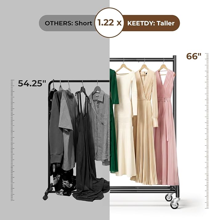 KEETDY Heavy Duty Clothing Racks for Hanging Clothes Heavy Duty Clothes Rack Rolling Garment Rack with Wheels Freestanding Closet Racks, 210 LBS Load Capacity for Coats, Garment, Dress, Shirt, Black