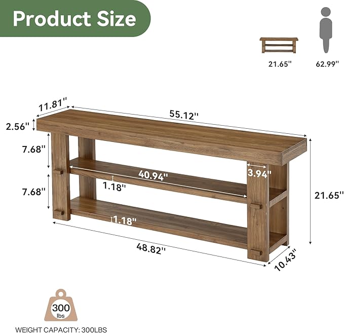 Solid Wood Entryway Bench, 55'' End of Bed Bench with 2-Tier Shoe Storage Shelves, Farmhouse Shoe Bench for Entryway, Hallway, Bedroom, Mudroom, Rustic Brown