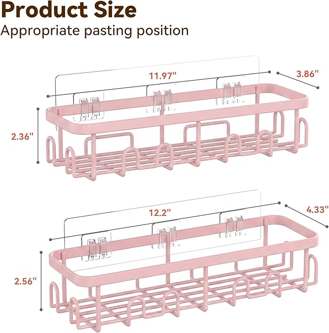 YASONIC Shower Caddy Adhesive 2-Pack, Rustproof Shower Organizer with Holder, No-Drill Shower Shelves for Inside the Shower, Large-Capacity Bathroom Organizers and Storage for Dorms & Renters, Pink