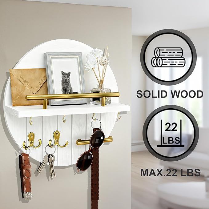 OurWarm Key Holder Wall Mount, 11.8 Inch White Decorative Key and Mail Holder Organizer with 8 Key Hooks, Round Wooden Key Rack Key Hanger with Shelf for Wall Entryway Boho Home Decor