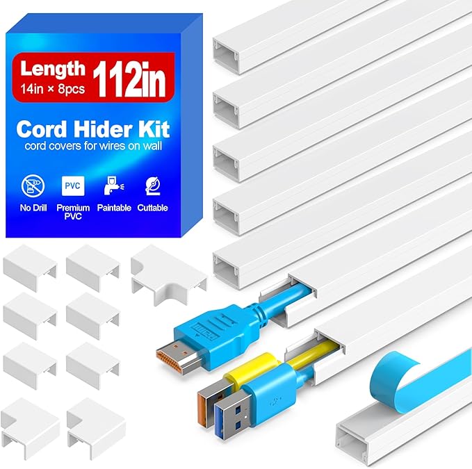 112in Cord Hider Kit, Cord Covers for Wires on Wall, Premium One-Cord Cable Hider, Paintable Cable Raceways, Self-Adhesive Wire hiders for TV, 8×L14in×W0.59in×H0.4in, White
