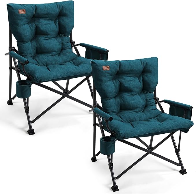 EVER ADVANCED Padded Oversized Folding Camping Chair for Adults, Heavy Duty Lawn Chair with Side Pockets, Portable Collapsible Quad Chair for Outside, Support Up to 500lbs, Green 2Pack