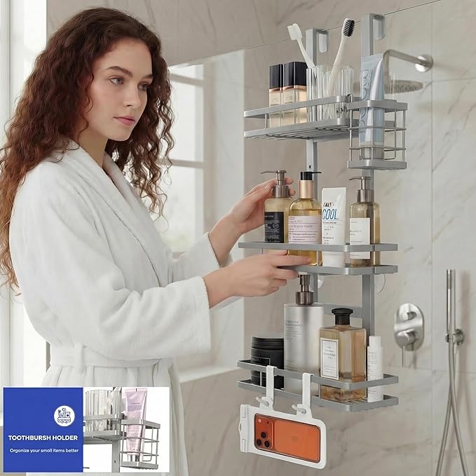 Over the Door Shower Caddy Hanging, Rustproof Shower Shelves with Waterproof Phone Pouch, Adjustable Bathroom Organizers and Storage, No Drilling Shampoo Soap Shelf (Silver 3-Tier)