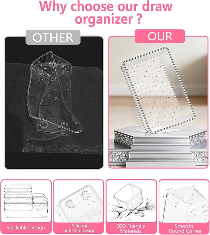 13 Pcs Makeup Drawer Organizer Set, 5 Sizes Versatile Vanity Drawer Organizer for Makeup, Non-Slip Desk Organizer Trays for Bathroom, Bedroom, Office, Fits Jewelry and Office Supplies