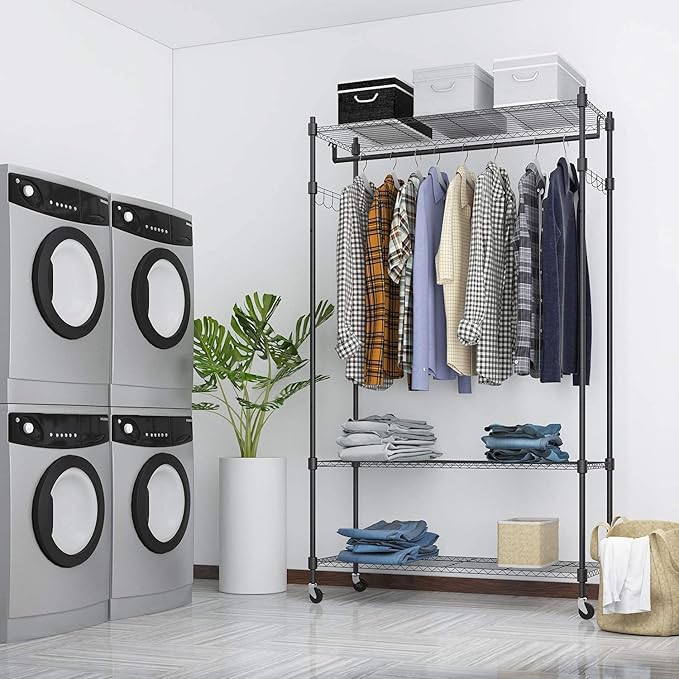 BATHWA Heavy Duty Clothing Racks,47.3"W x 17.7"D x 74.8"H Wide Hanging Space 3 Adjustable Shelving Garment Rack on Wheels Portable Wardrobe for Dress Coat Clothes Organizer Sturdy Metal Construction