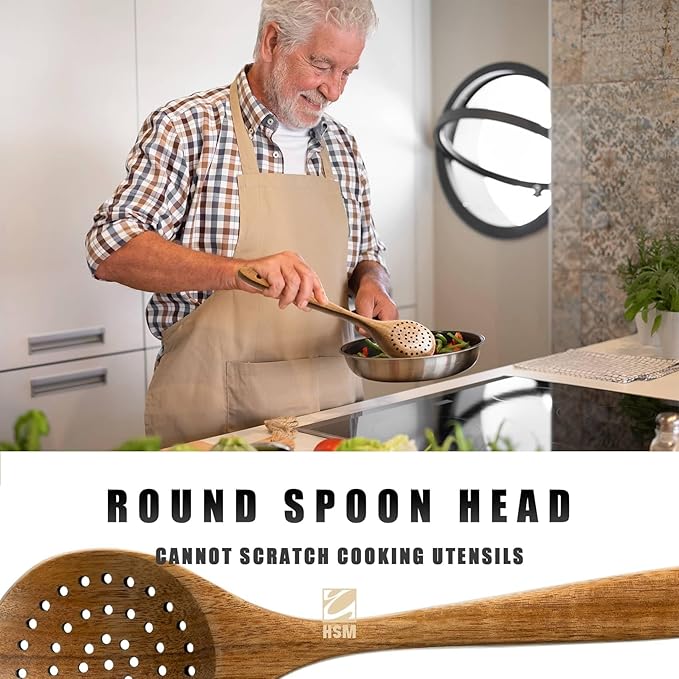 HSM Wooden Spoons for Cooking – 6-Piece Wooden Utensil Set, Non-Stick Safe, Easy-to-Clean Natural Acacia Wood Kitchen Utensils, Ideal for Cooking, Stirring, and Serving at Home