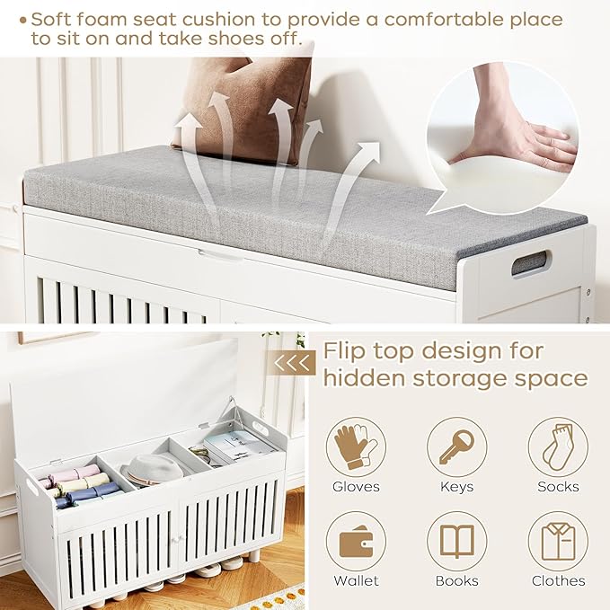 oakvivo 35.4in Shoe Bench with Storage, Bamboo Entryway Bench with Lift Top Hidden Storage & Padded Seat, 2 Doors 2-Tier Narrow Shoe Rack Cabinet Organizer for Hallway Mudroom Bedroom, White