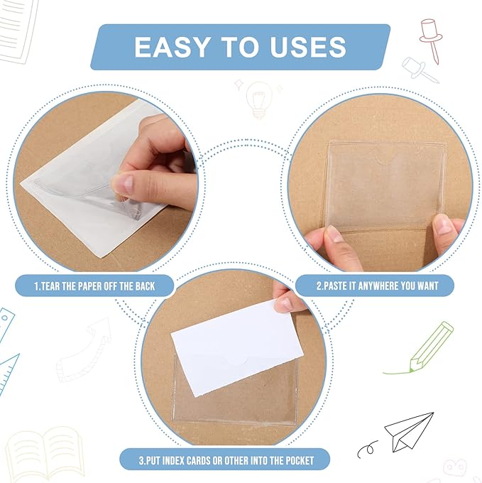 Outus 200 Pack 2.48 x 4.06 Inch Self Adhesive Label Pockets Bulk Plastic Labels Holders for Storage Bins Clear Classroom Nameplate Sleeves Index Card Tote Photos Waterproof Protect Office