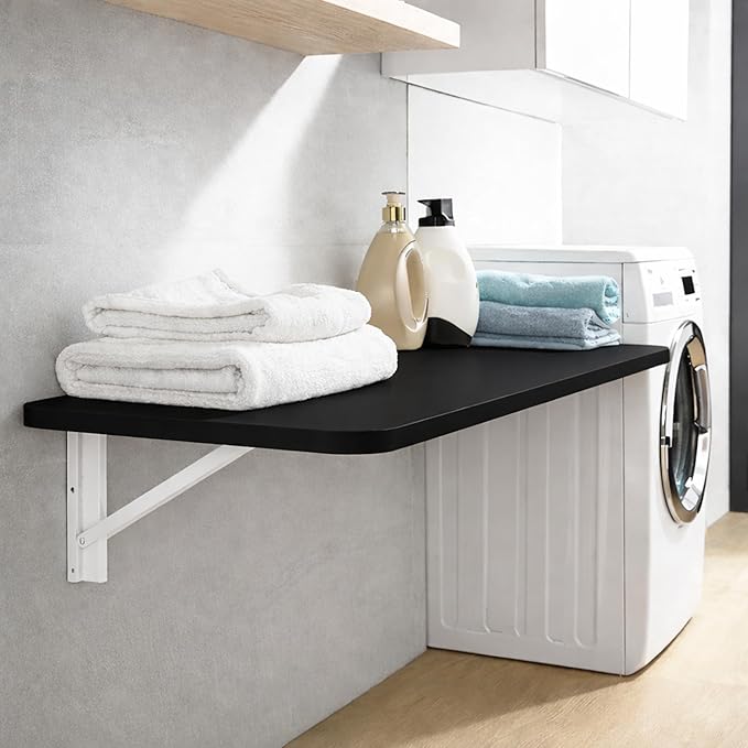 Laundry Folding Table, 32'' x 16'' Wooden Wall Mount Desk, Laundry Table for Folding Clothes, Black Color, 32'' Length