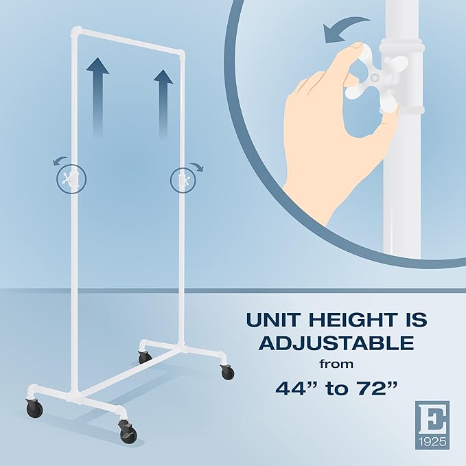 Econoco Pipeline Adjustable Ballet Bar Rack, Rolling Clothing Display with Vintage Style and Adjustable Height, Gloss White
