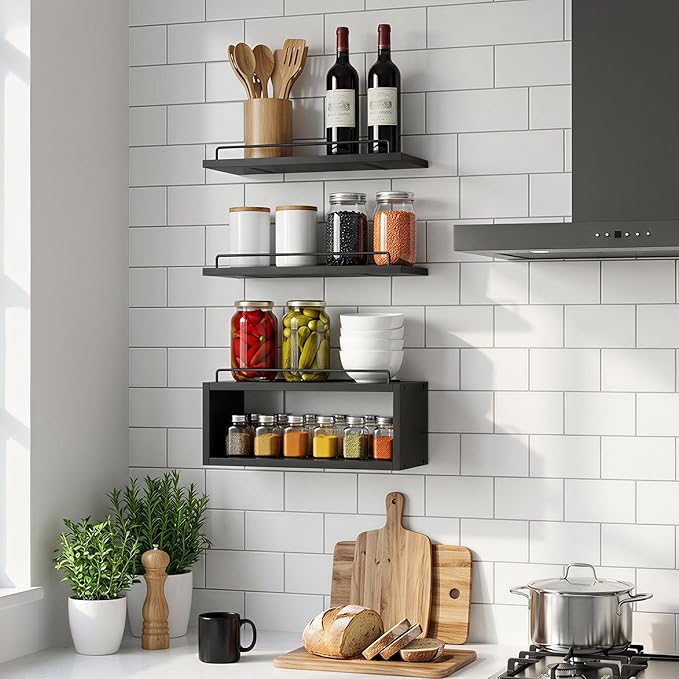 LANDNEOO Floating Shelves for Wall with Cube Shelf, Set of 3 Wood Bathroom Shelves Over Toilet for Storage, Wall Mounted Organizer with Metal Rail for Restroom Decor and Toilet Paper, Black
