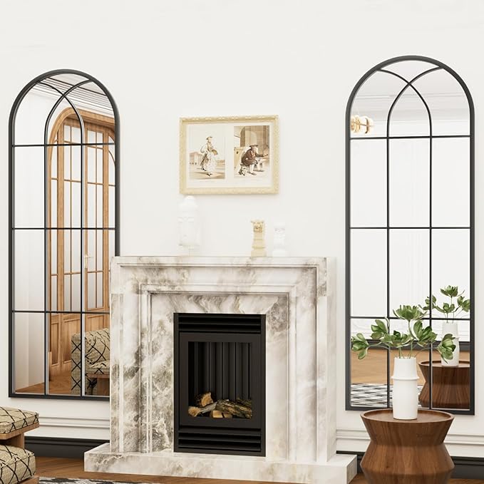 Dewfig 65"x 22" Arched Window pane Full Length Mirror, Wall Mirror, Floor Standing Mirrors, Farmhouse Long Full Body Mirrors Wall Mounted for Living Room, Bedroom, Entryway, Fireplace, Black
