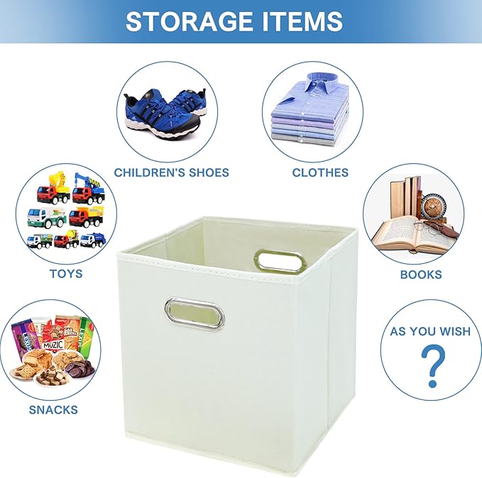 STORONE 13 Inch Cube Organizer Bins, Fabric Storage Bins with Dual Handles, Set of 6, Creamy-White