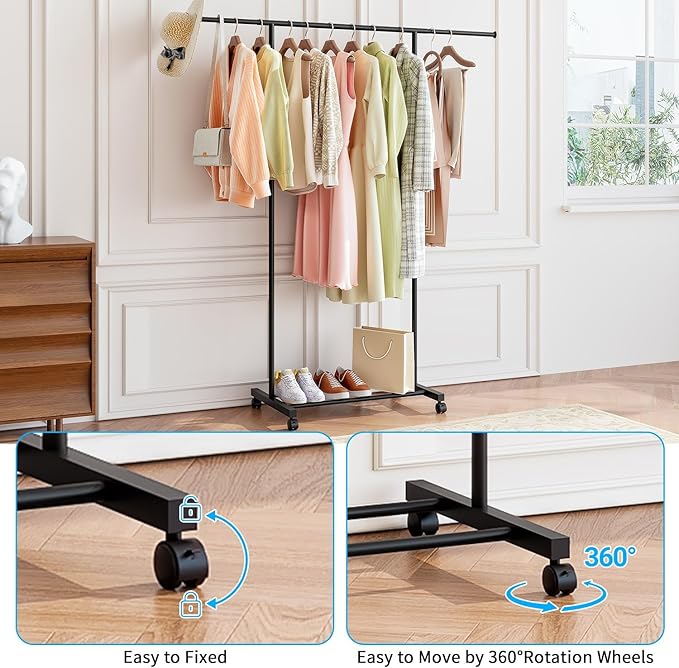 SUOERNUO Clothes Rack with Wheels Rolling Clothing Rack for Hanging Clothes, Portable Metal Garment Rack for Bedroom Laundry Living Room (Black, 59.05"*15.75"*59.45")