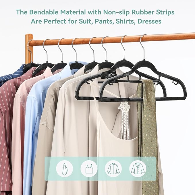 NCXTKJ 30 Pack Non-Slip Clothes Hangers with Tie Rack, Thin Space-Saving Coat Hangers – Heavy Duty Plastic Clothes Hangers for Suit, Shirts, Pants, Dorms & Home Organization, Black and Dark Gray