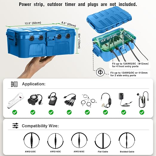 Flemoon Large Outdoor Electrical Box (12.5 x 8.5 x 5 inch), IP54 Waterproof Outdoor Extension Cord Cover Weatherproof, Protect Outlet, Plug, Socket, Timer, Power Strip, Holiday Light Decoration,Blue
