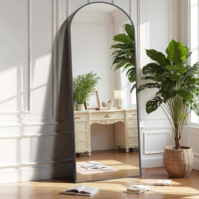 OLIXIS Black Arched Full Length Mirror 15.5"x56" for Bedroom, Full Body Floor Mirror with Stand, Hanging or Leaning for Wall, Aluminum Alloy Thin Frame Floor Standing for Living Room, Long