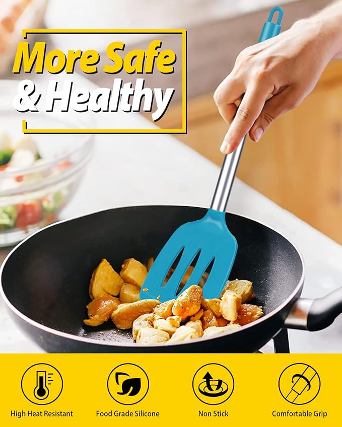 Pack of 2 Silicone Solid Turner, Non Stick Slotted Kitchen Spatulas, High Heat Resistant BPA Free Cooking Utensils, Ideal Cookware for Fish, Eggs, Pancakes(Blue)
