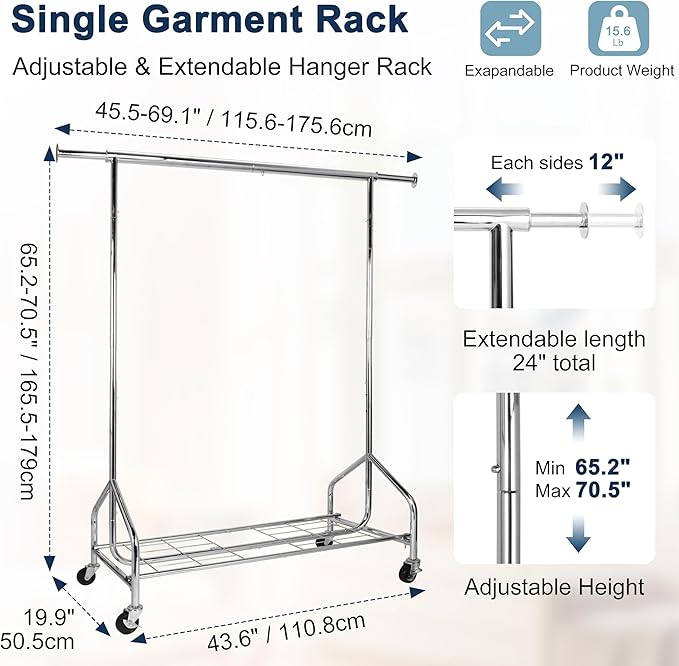 Whitmor Heavy Duty Clothes Rack, Rolling Garment Rack with Lockable Wheels, Adjustable & Extendable Metal Clothing Rack Shelves with Bottom Shelf, Max Load 450LBS for Hanging Clothes, Chrome