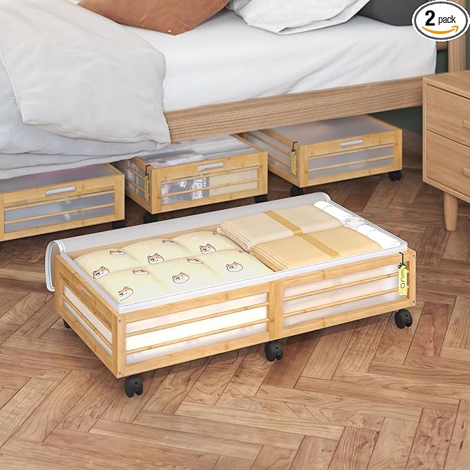 Bamboo Underbed Storage Containers with Wheels & Bag 2 Pack, Large Under Bed Rolling Storage Bins Wood Under Bed Clothes Storage Stackable Drawers for Bedroom Closet Under Crib Toy(Natural)
