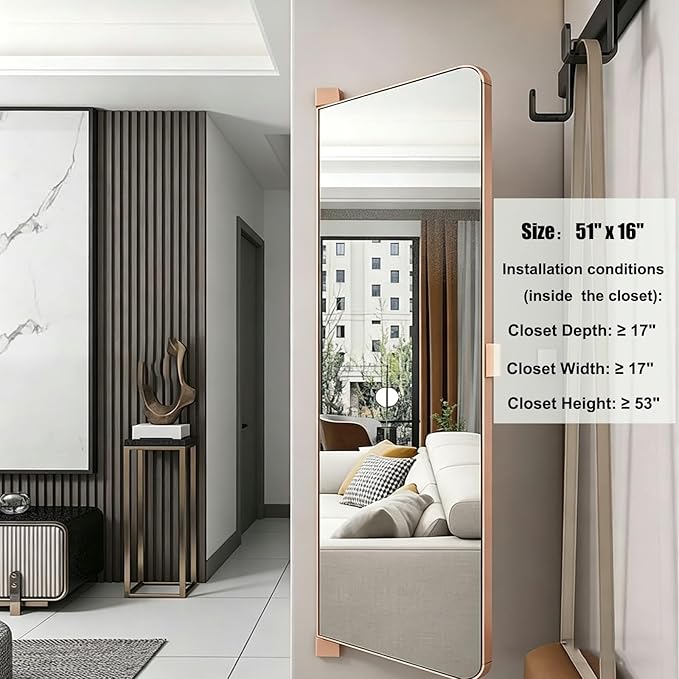 180° Swivel Full Length Mirror, 47" x 15.2" Wall Mounted Full Length, Hideaway Closet Mirror for Cloakroom, Bedroom, Door - Rose Gold