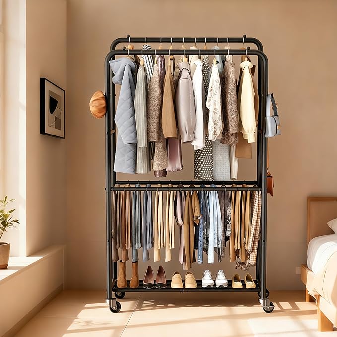 Clothes Rack - 4-Bar Double Rod Clothing Rack with 15 Pants Racks - Rolling Clothes Rack with Shelves - Portable Garment Rack for Bedroom Laundry Room Closet - Black