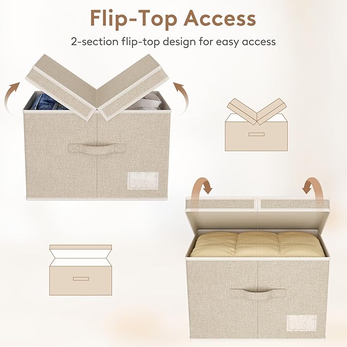 Lifewit Clothes Storage Bins with Lids, Fabric Foldable Storage Boxes with Handles, Decorative Closet Organizer, Stackable Cube Baskets Container for Bedroom, Office, 34.5L Large Beige, 3 Packs