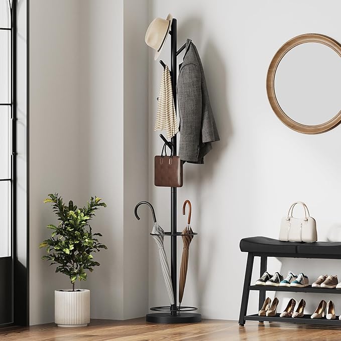 YATINEY Coat Rack Freestanding with Umbrella Holder, Coat Rack Stand with 8 Hooks, Heavy Duty Coat Tree for Entryway, Modern Clothing Rack, Metal Coat Hanger Stand for Bedroom, Office, Black YM03BB