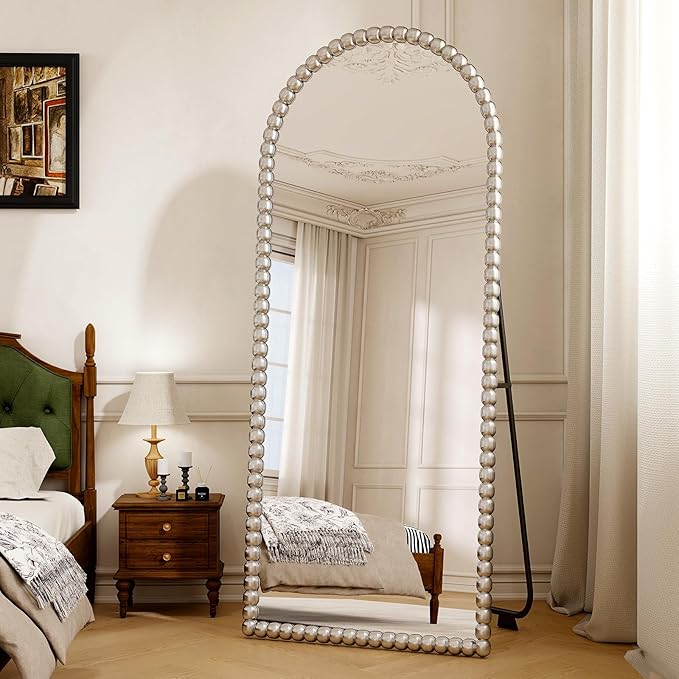 28"x71" Silver Arched Full Length Mirror, Vintage Beaded Decorative Floor Full Body Dressing Mirror as Room Decor Hanging Leaning Standing for Living Room, Bedroom, Vanity Area