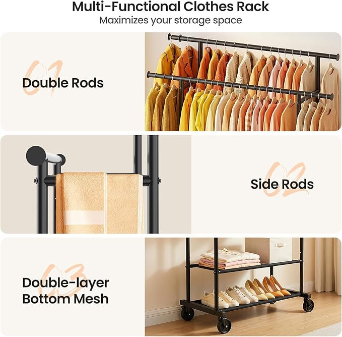 Double Rods Clothes Rack, Rolling Clothing Rack for Hanging Clothes Closet Rack with Wheels, Metal Portable Garment Rack with Double Shelves for Bedroom Laundry Living Room, Matte Black