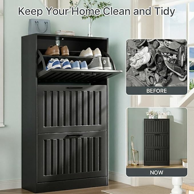 Shoe Storage Cabinet for Entryway with 3 Flip Drawers, Wooden Shoe Organizer with Adjustable Shelf, Freestanding Wood Fluted Panel Shoes Cabinet Closed Shoe Rack for Hallway Foyer, Black