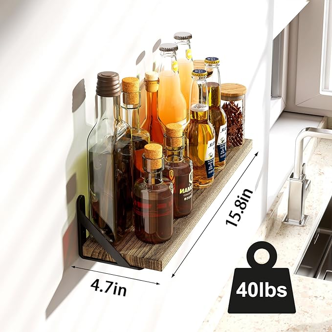 Fixwal Shelves for Room Wall, Width 4.75in Rustic Wood Wall Storage, Floating Shelves for Bedroom, Living Room, Kitchen, Bathroom, Office Decor and Plants Display (Set of 8 Carbonized Black)