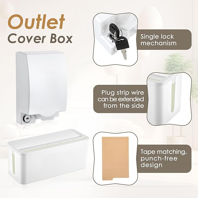 1 Pack Power Strip Cover Baby Proof & 1 Pack Outlet Cover Box. Cable Management Box with Lock, Baby Proof Power Strip with Holes for Wire Storage and Organization, Outlet Protector